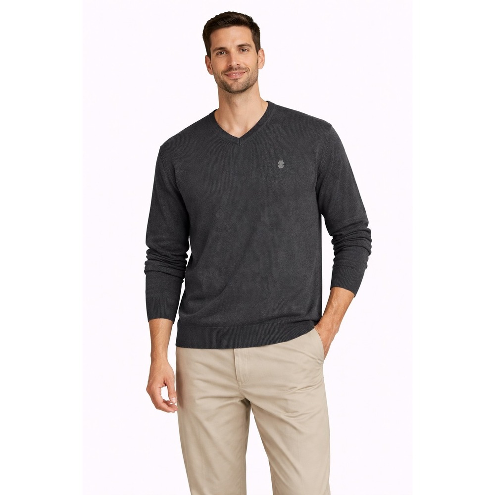 IZOD Sweater Mens XL  Pullover Knit V Neck Cotton Logo Casual Black Long Sleeve